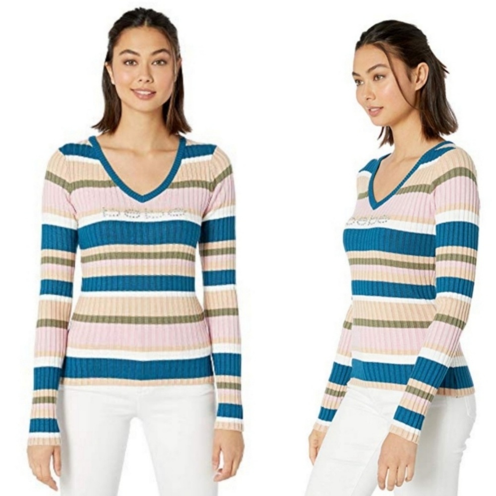 🆕️⬇️bebe Pink Nectar Stripe Ribbed Embellished Logo Sweater